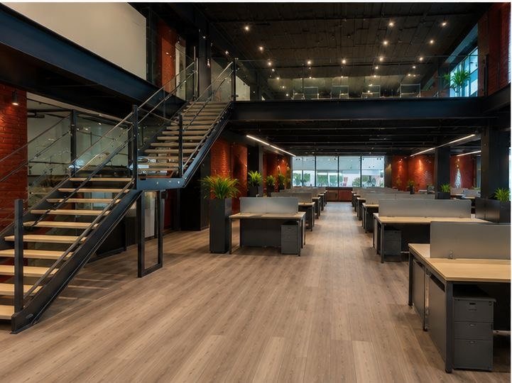 Two-level workspace with mezzanine seating